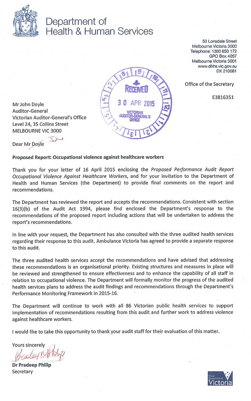 Response from the Secretary, Department of Health and Human Services