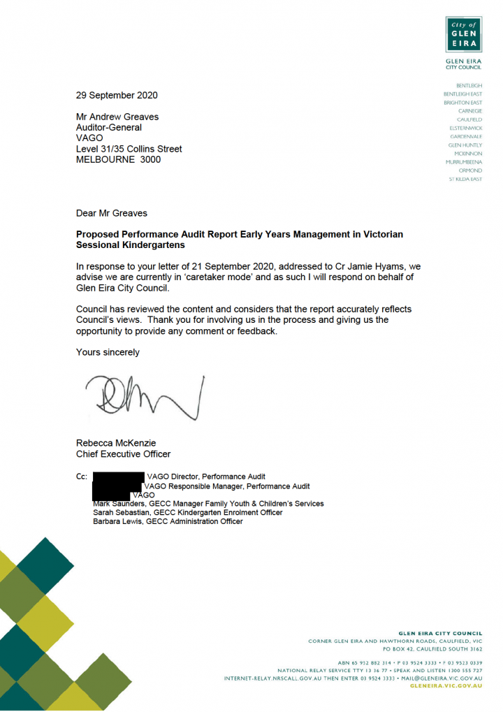 Glen Eira City Council response letter