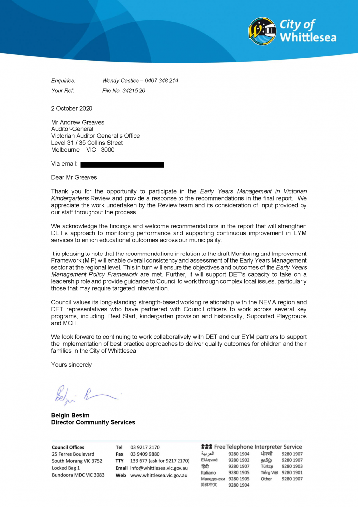 City of Whittlesea response letter