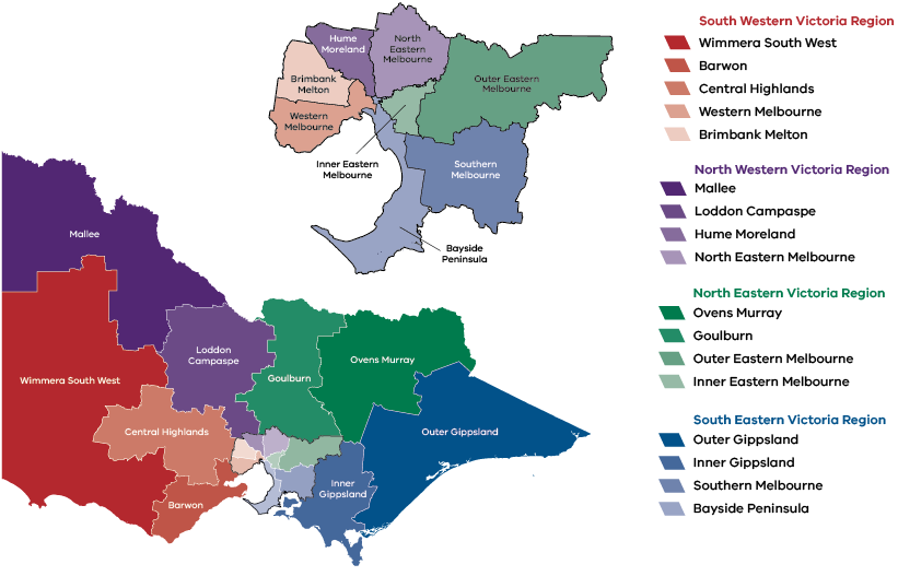 This image shows a map of Victoria broken down into DET's areas.