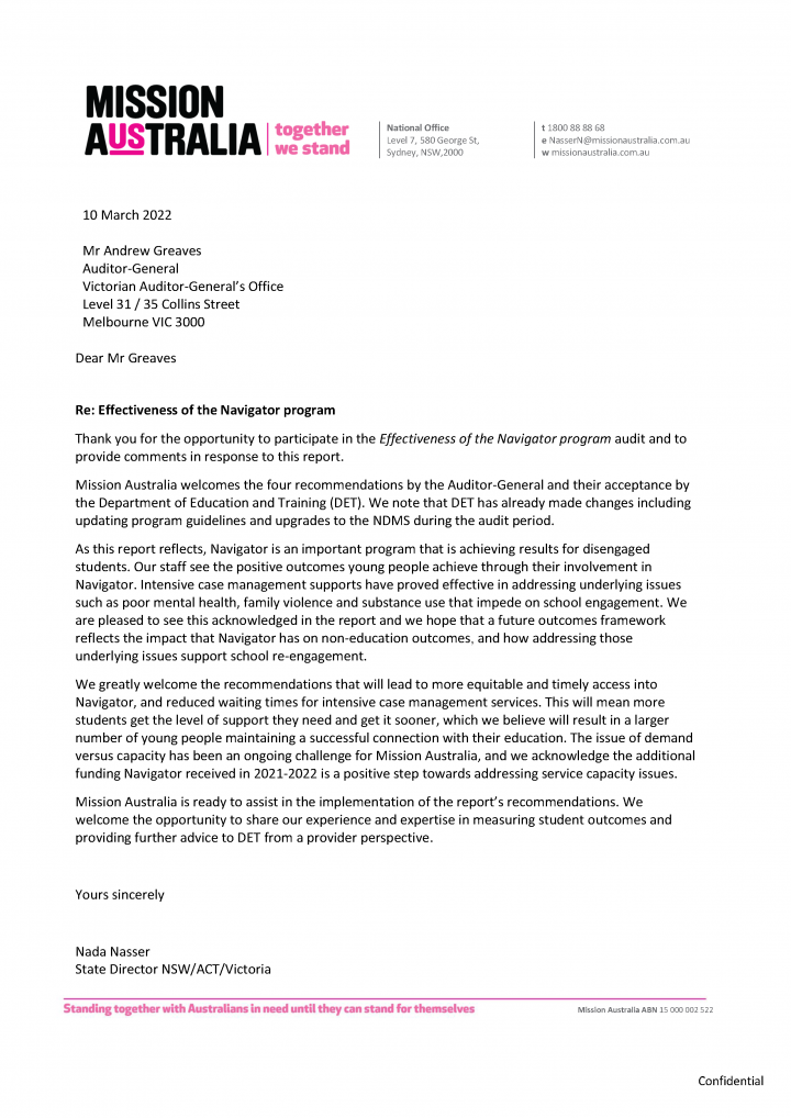 Mission Australia response letter
