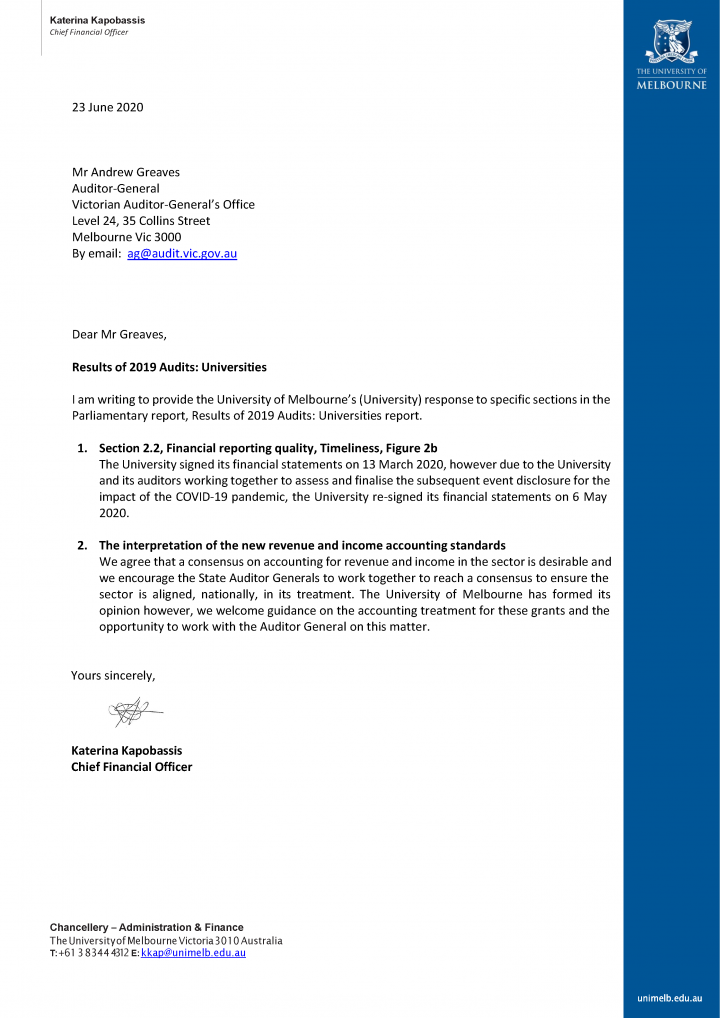 RESPONSE provided by the CFO, The University of Melbourne