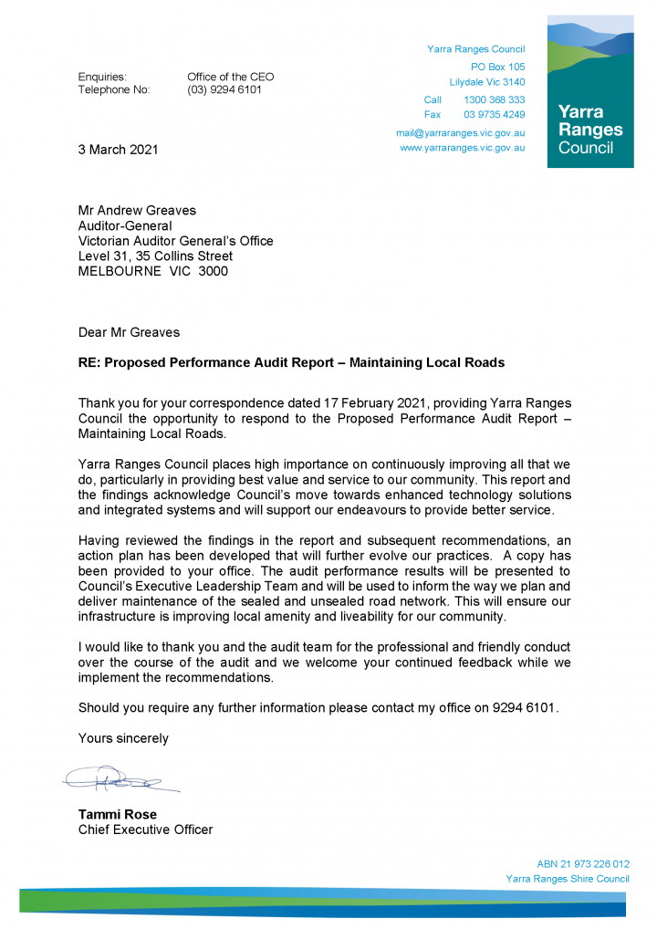 Yarra Ranges response letter