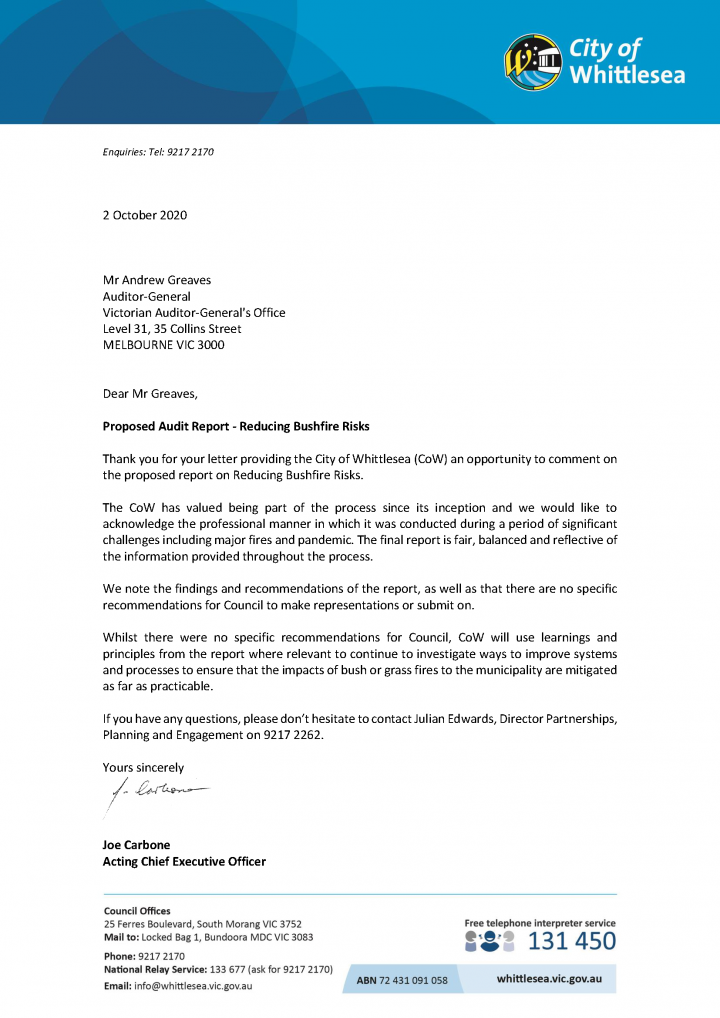 Whittlesea response letter
