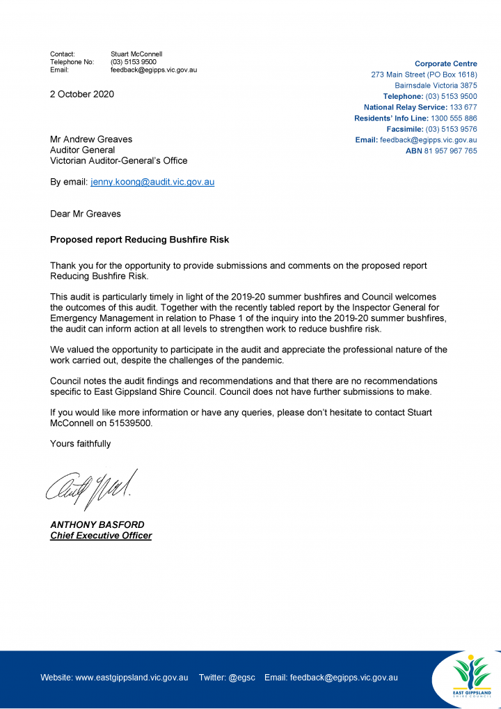 East Gippsland response letter