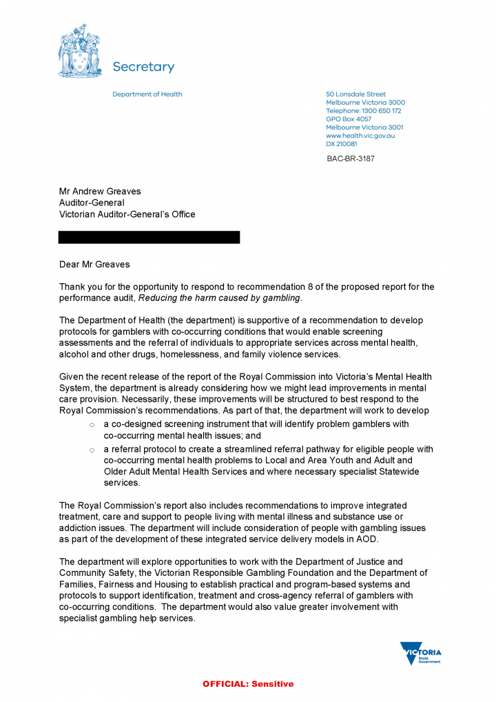 Department of Health response letter page 1