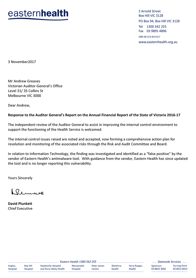 RESPONSE provided by the Chief Executive, Eastern Health 