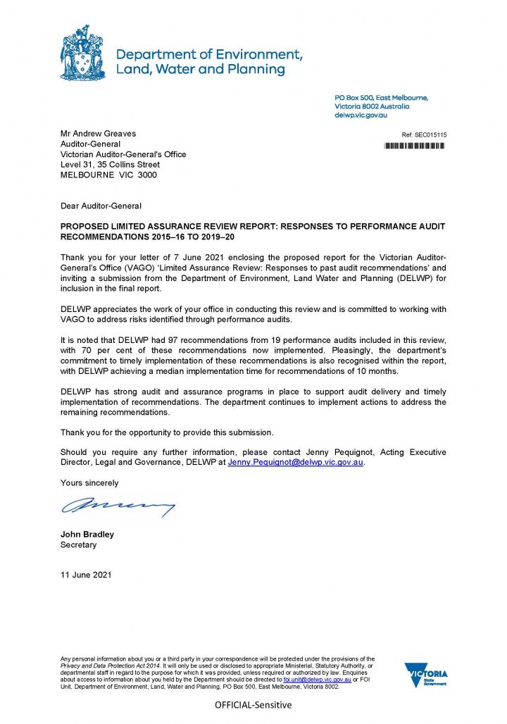 Department of Environment, Land, Water and Planning response letter