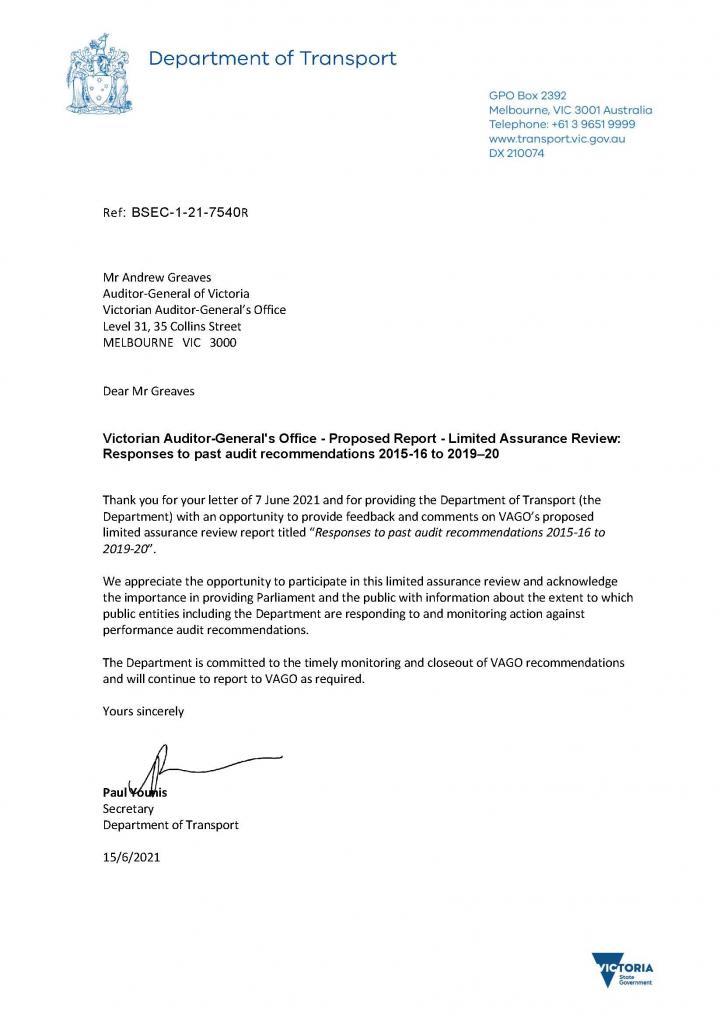 Department of Transport response letter