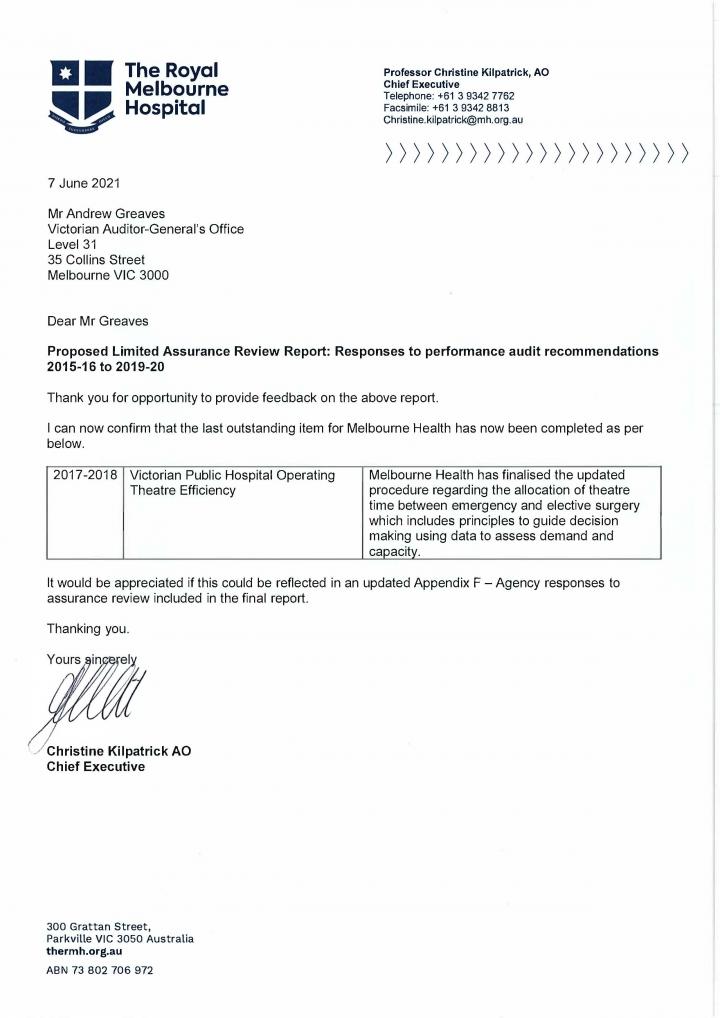 Royal Melbourne Hospital response letter