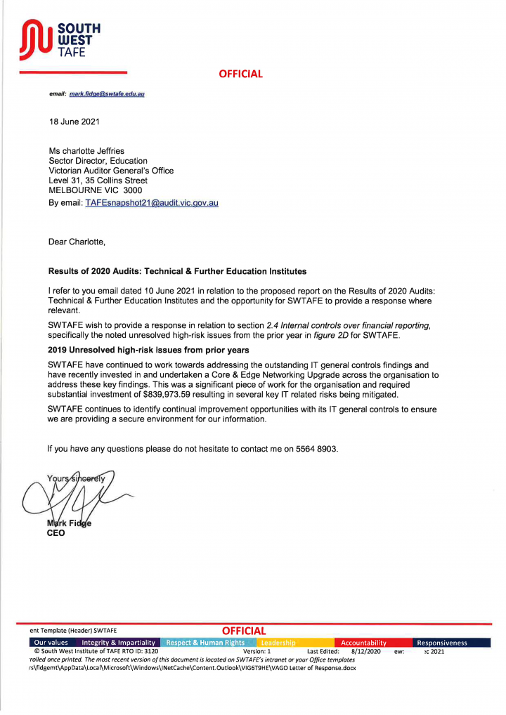 South West Institute of TAFE response letter