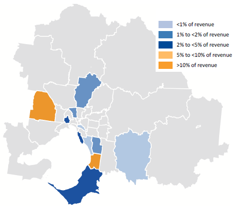 Map showing found assets as a proportion of revenue in metropolitan category, 2016–17