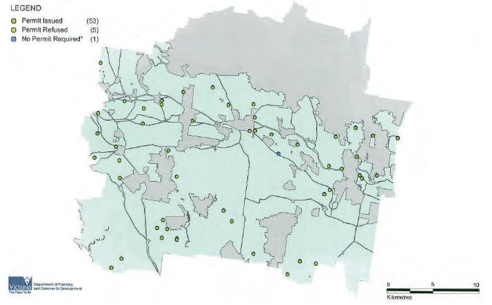 Maps showing the Distribution of planning permits across the Moorabool Shire Council in 2012