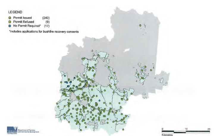 Map showing the distribution of planning permits across Baw Baw Shire Council in 2012