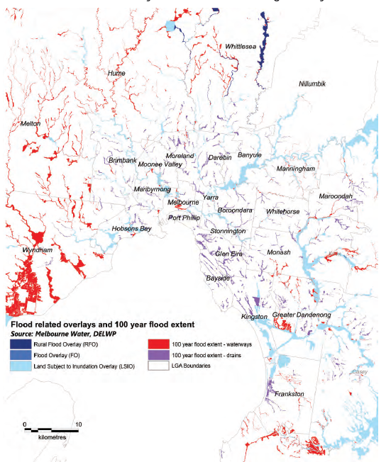 Map showing the use of flood related overlays in Melbourne to manage a 100-year flood