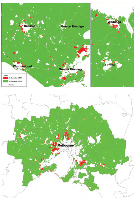 Mapp showing the loss of land zoned for farming around six regional cities and Melbourne's peri-urban areas, between 2001 and 2016
