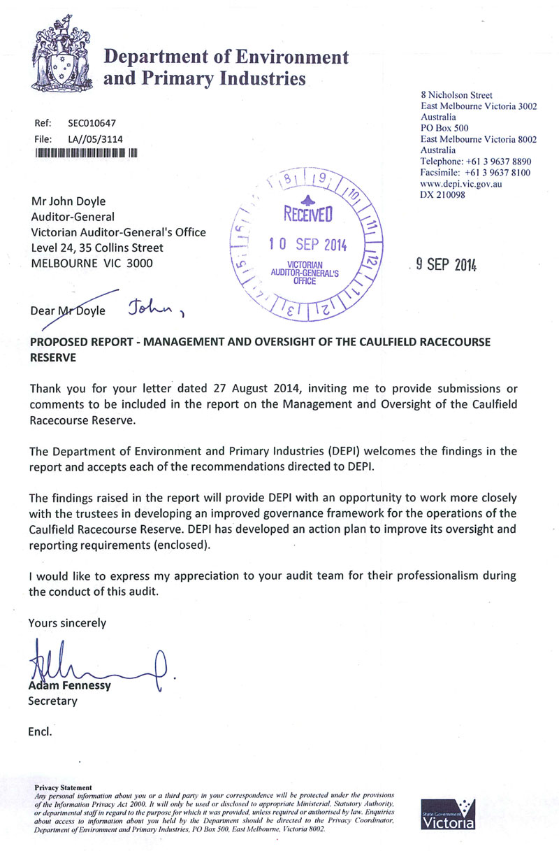 Image shows RESPONSE provided by the Secretary, Department of Environment and Primary Industries page 1