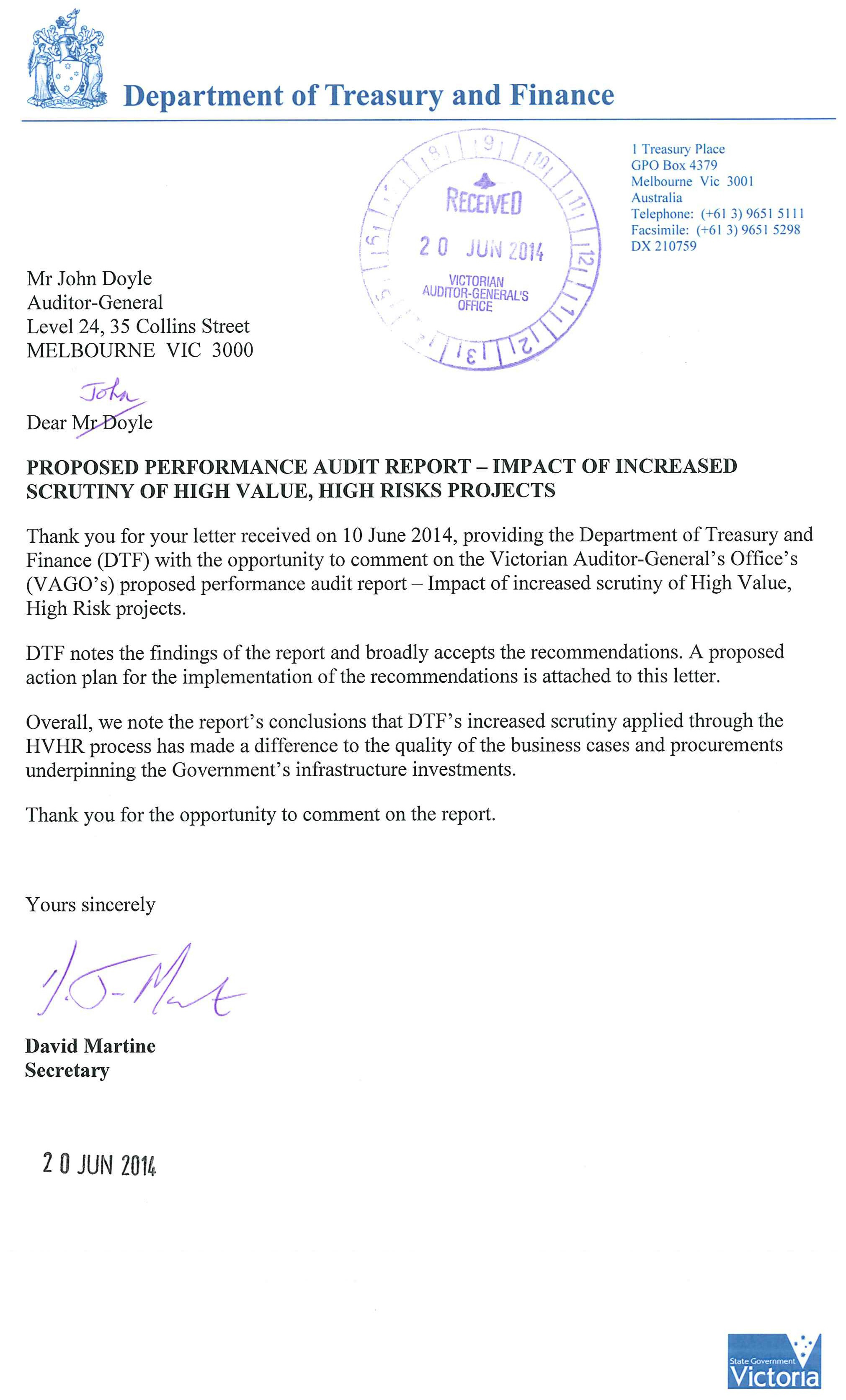 Image shows response provided by the Secretary, Department of Treasury and Finance page 1