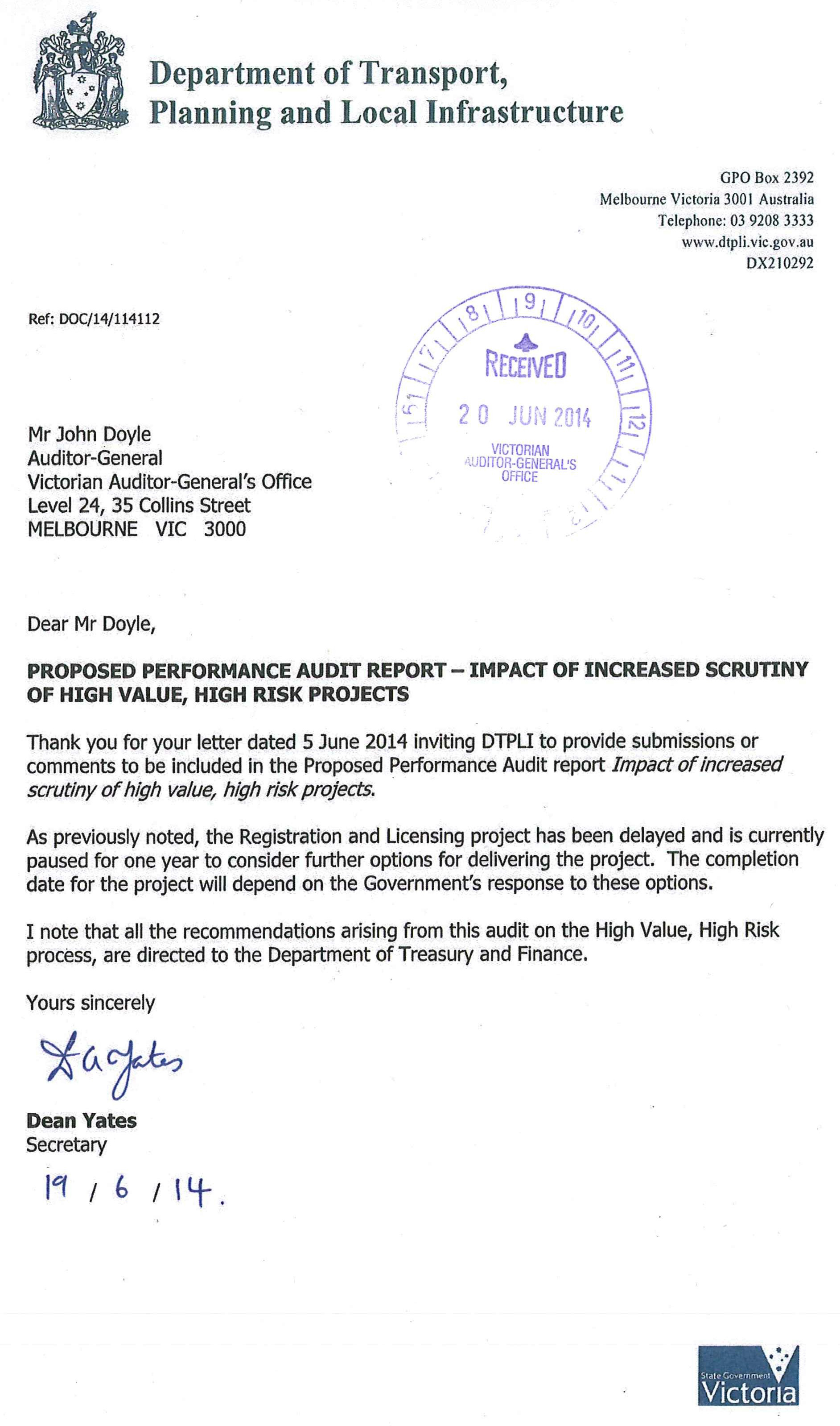 Image shows response provided by the Secretary, Department of Transport, Planning and Local Infrastructure