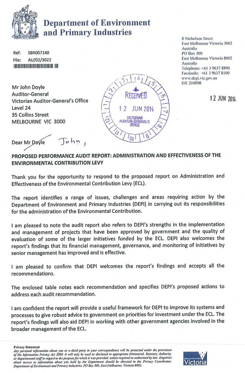 Image shows response provided by the Secretary, Department of Environment and Primary Industries page 1