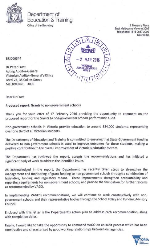 RESPONSE provided by the Acting Secretary, Department of Education & Training page 1