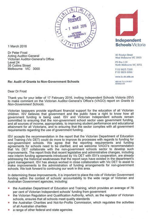 RESPONSE provided by the Chief Executive, Independent Schools Victoria p. 1