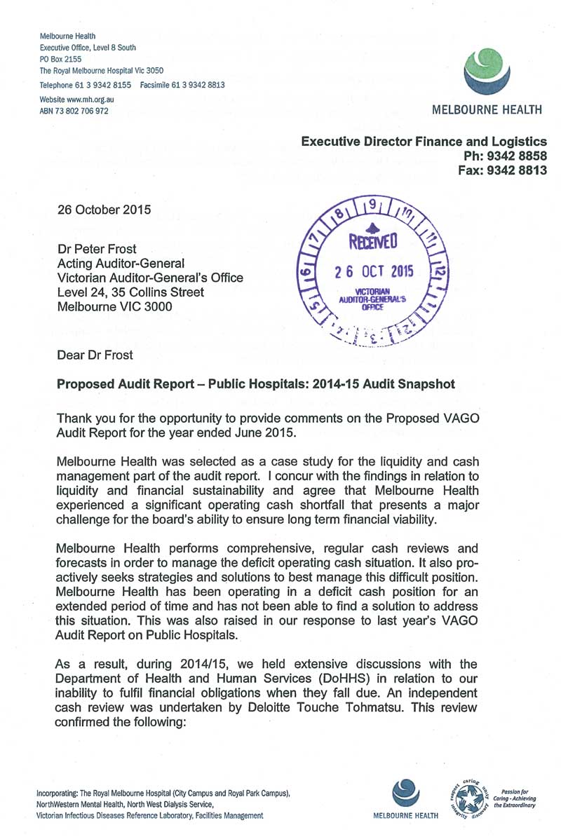 Response provided by the Executive Director Finance and Logistics, Melbourne Health page 1