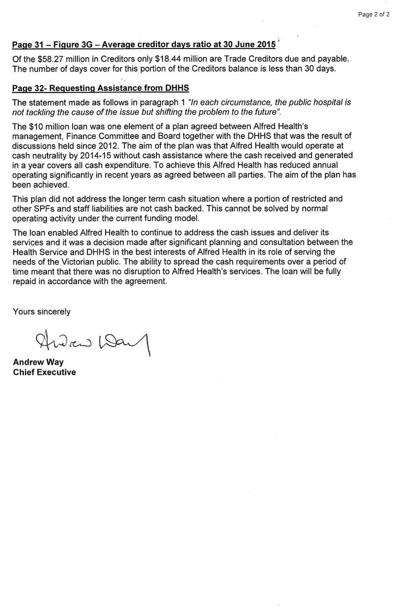 Response provided by the Chief Executive, Alfred Health, page 1