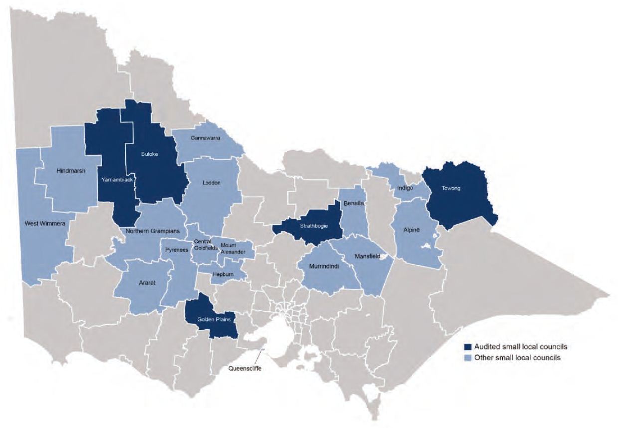 Figure 1A shows the location of the 21 small councils in Victoria with the five audited councils highlighted