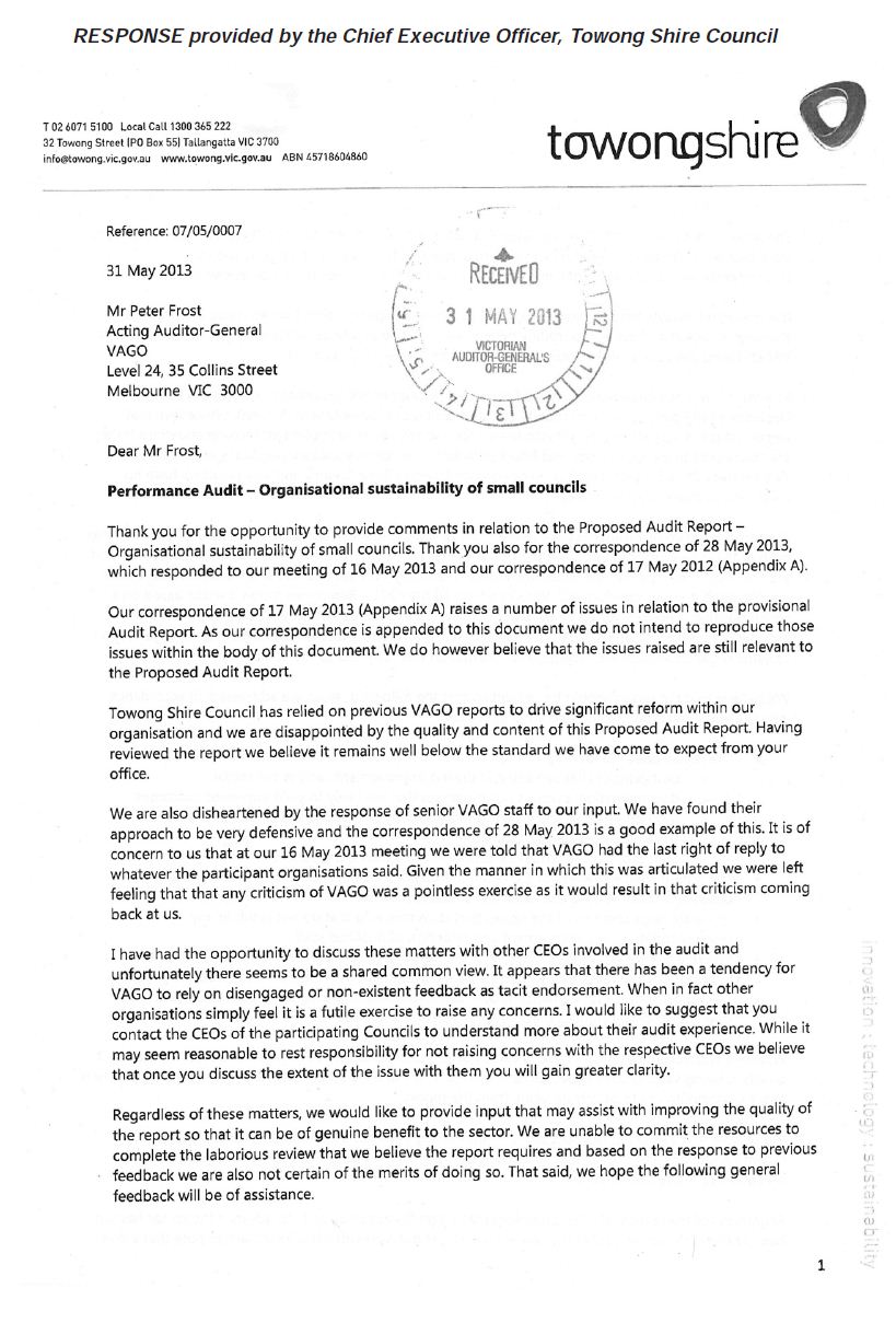 RESPONSE provided by Towong Shire Council page 1
