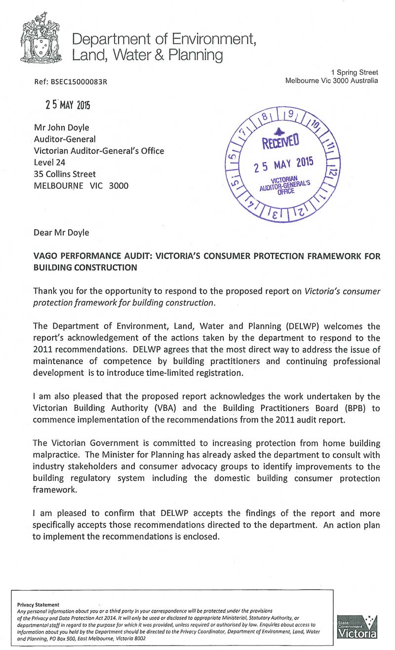 Response provided by the Secretary, Department of Environment, Land, Water & Planning, page 1