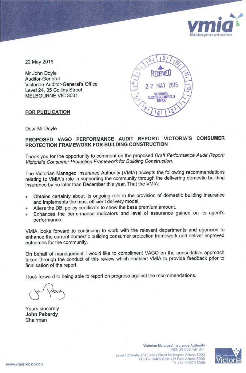 Response provided by the Chairman, Victorian Managed Insurance Authority