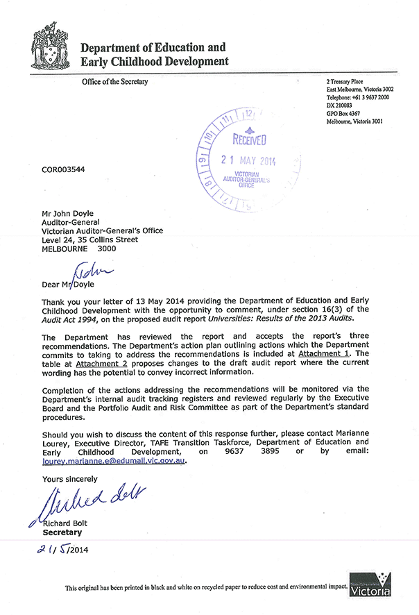 Response provided by the Secretary, Department of Education and Early Childhood Development page 1