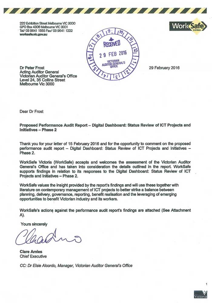 RESPONSE provided by the Chief Executive, WorkSafe Victoria