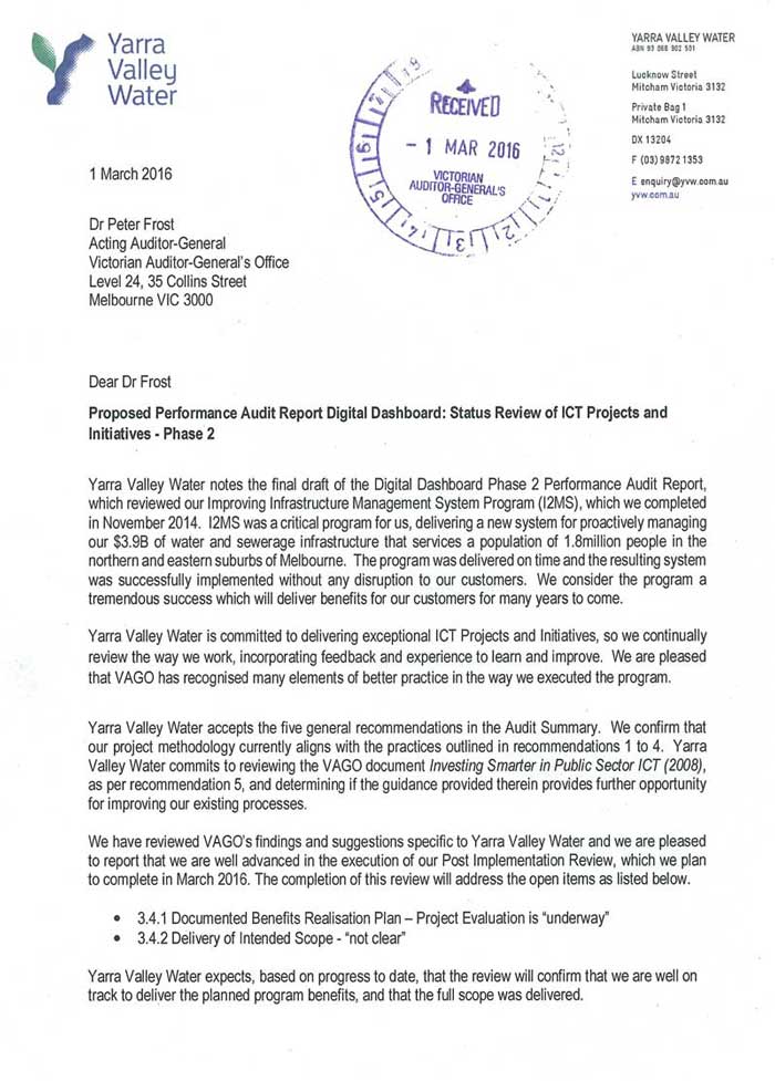 RESPONSE provided by the Chair, Yarra Valley Water