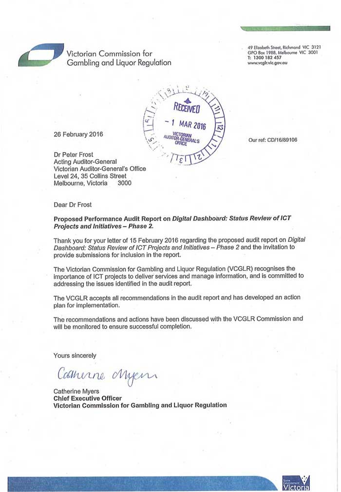 RESPONSE provided by the Chief Executive Officer, Victorian Commission for Gambling and Liquor Regulation