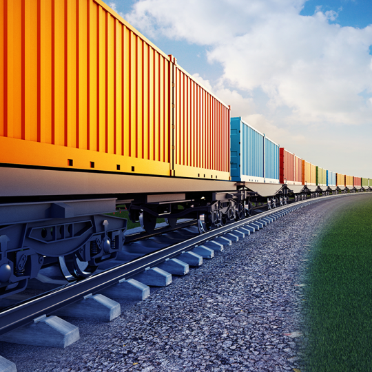 Rendering of a long frieght train carrying colourful shipping containers.