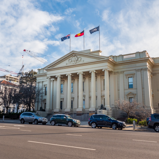 The front of the Geelong town hall building on a sunny day.