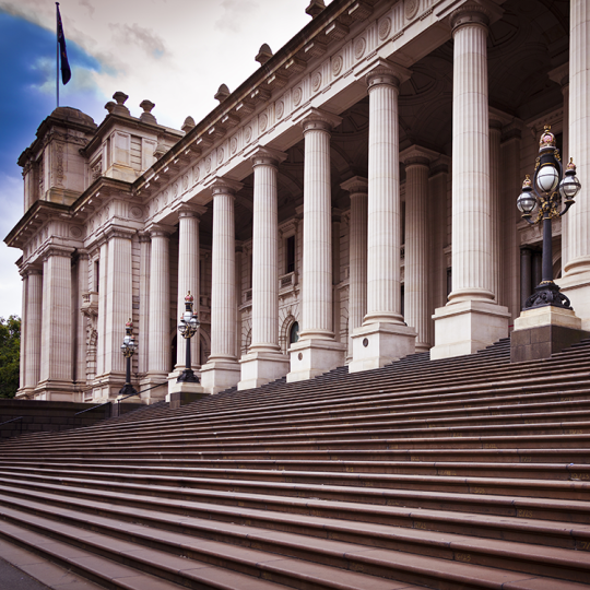 Steps and facade of Parliament House, Melbourne, Victoria.