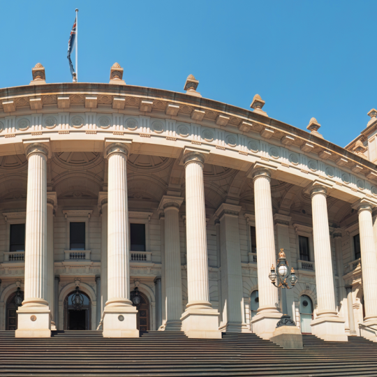 View of facade of Parliament House, Melbourne