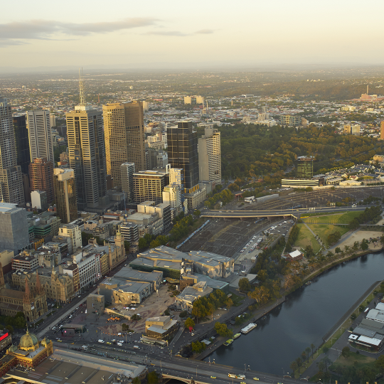 Aerial photo of the Melbourne CBD and Yarra River.