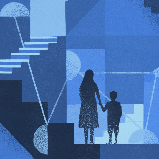Abstract artwork in blue with a parent and child holding hands. 