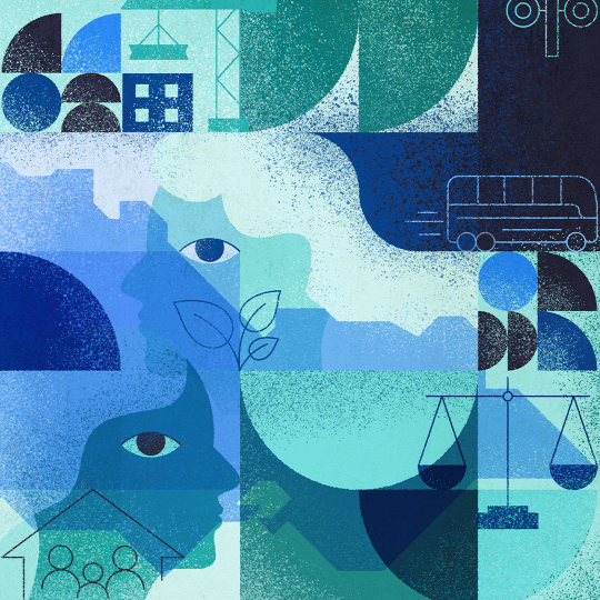 Abstract blue and green image containing two faces, a bus, building crane, house, leaves and justice scales.