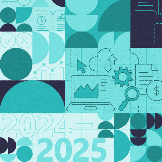 Abstract blue and green image containing a laptop, a report, a magnifying glass and the numerals 2024 and 2025.