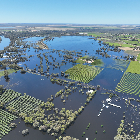 Aerial image of flooded fields.