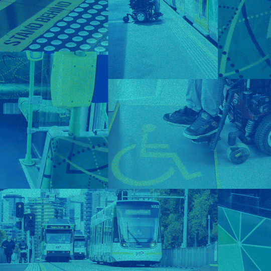 Collage of photos featuring trams and passengers using a wheelchair.