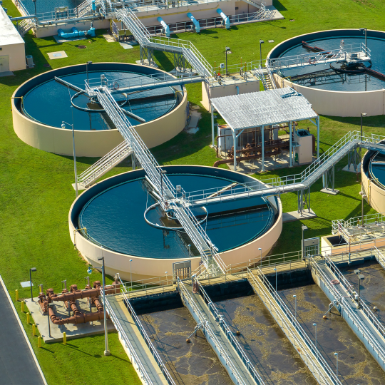 Aerial photo of a water recycling plant.