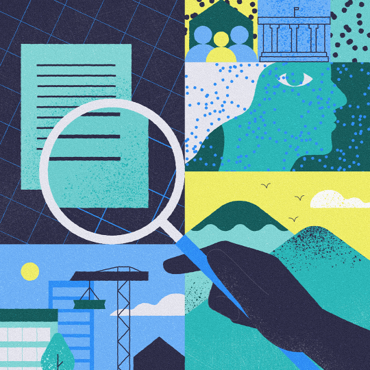 Digital illustrated collage featuring a magnifying glass, paper document, crane at a construction site, people outside of a house, mountains and Parliament.