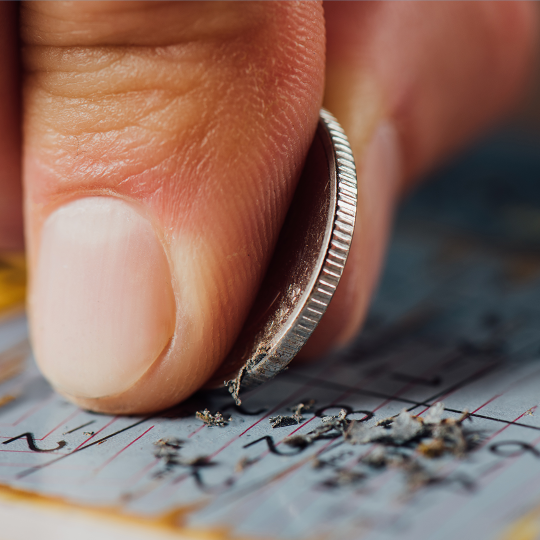 A person using a coin to scratch a lottery scratchcard 