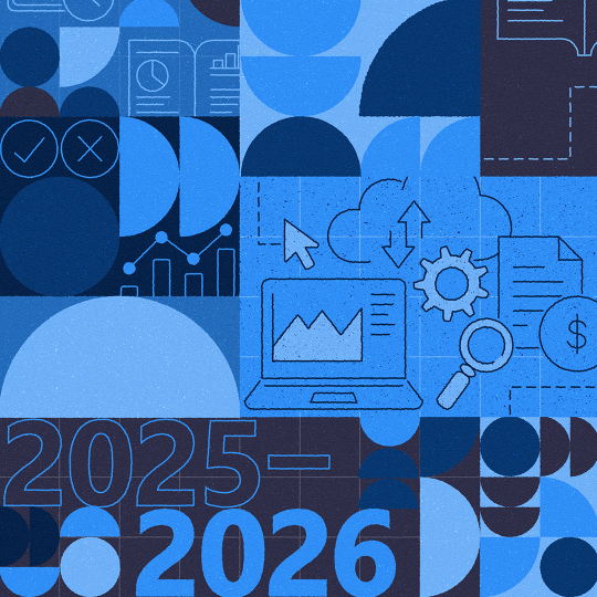 Collage of blue shapes, lines and icons featuring documents, a laptop and the text 2025–26